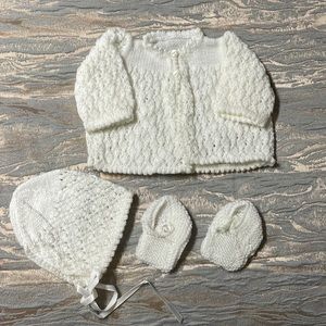 English unique hand knit sweater set with bootie shoes and bonnet. Unisex baby